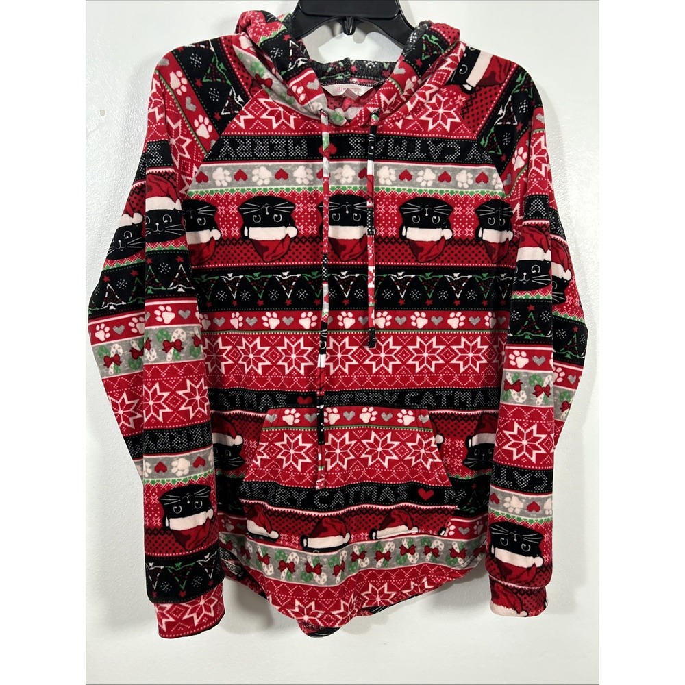 No Boundaries Junior XL 15/17 Red Hoodie Pocket Merry Catmas Cat Holiday 6449